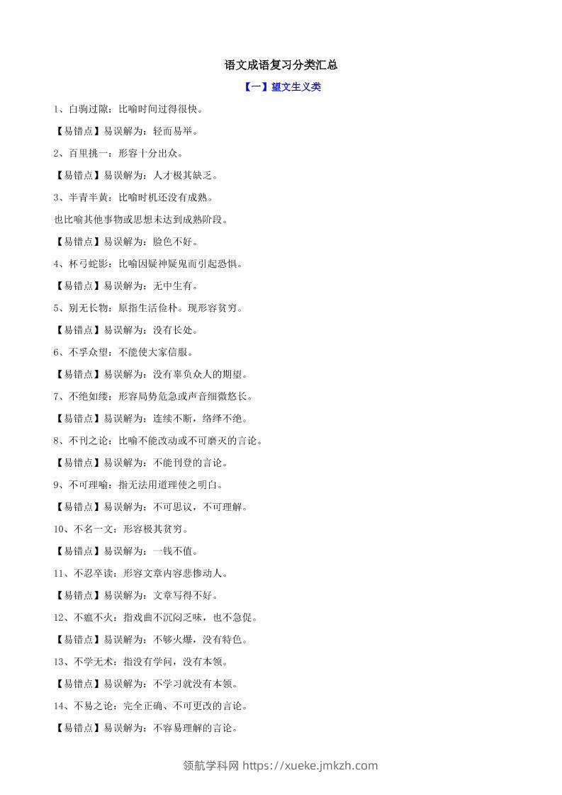 八年级上语文成语复习分类汇总-领航学科网