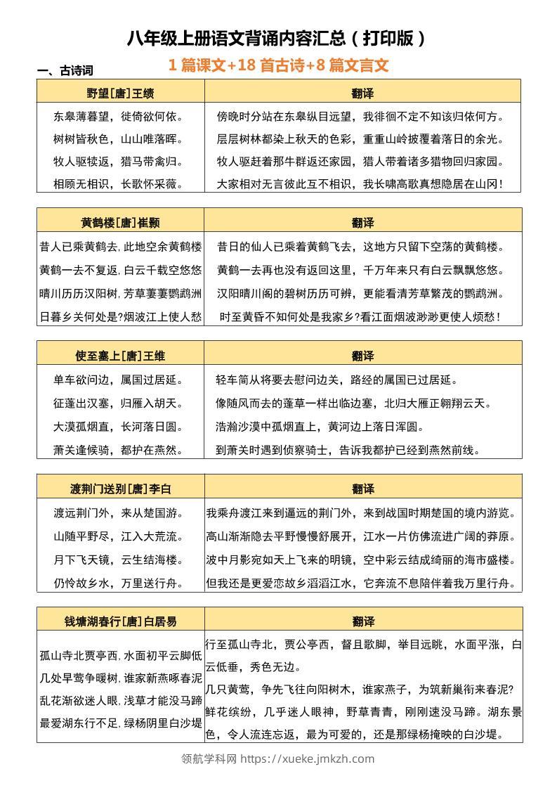 八年级上语文背诵古诗、文言文附翻译-领航学科网