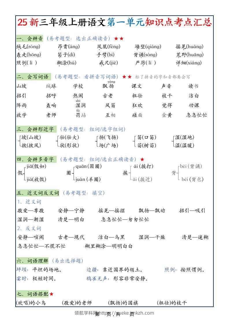 25新三上语文1-8单元知识点考点汇总（24页）-领航学科网