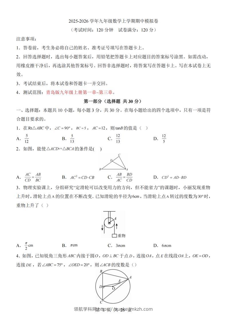 九年级上数学期中模拟卷（青岛版）-领航学科网