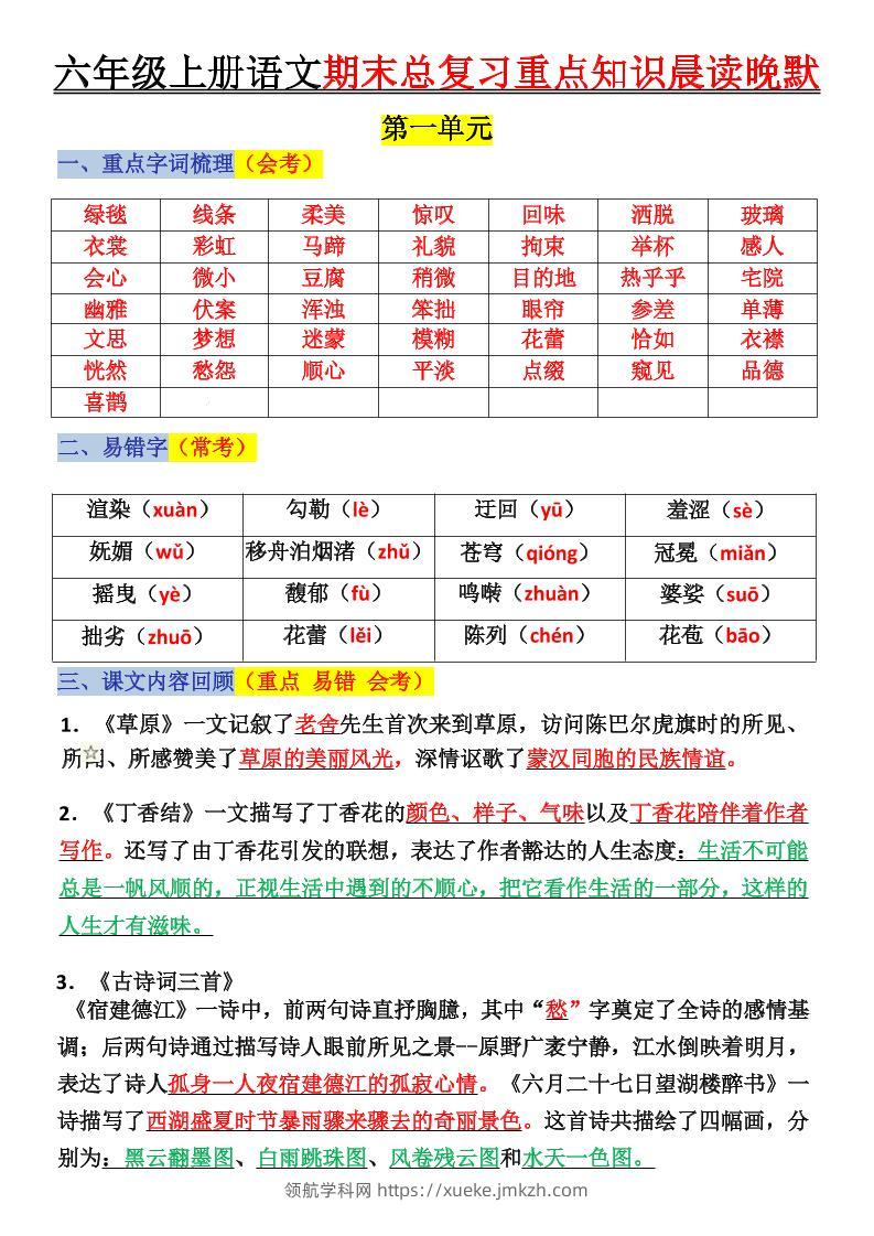 六上语文复习重点晨读单(16页)-领航学科网