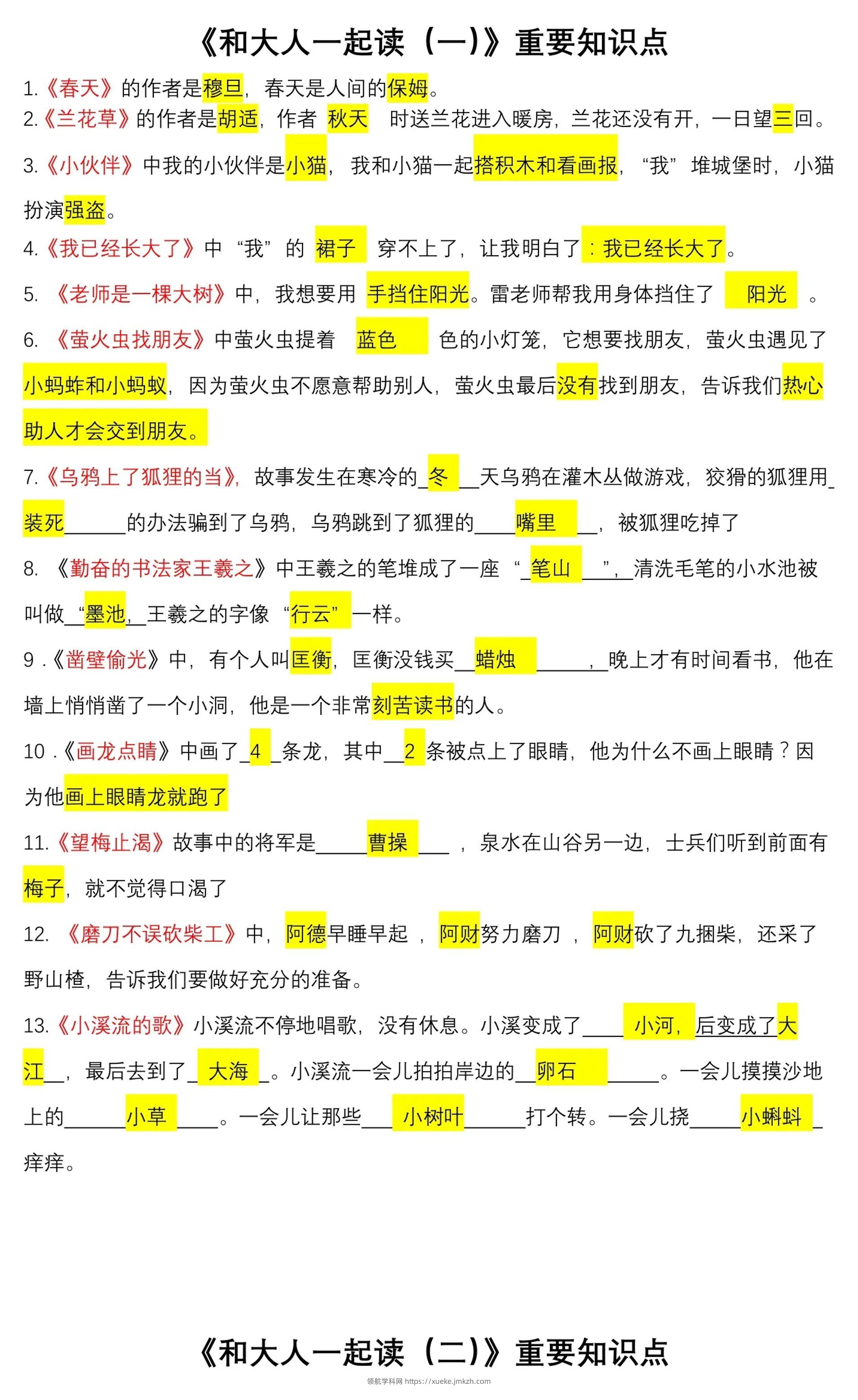 一上语文《快乐读书吧》常考知识点-领航学科网