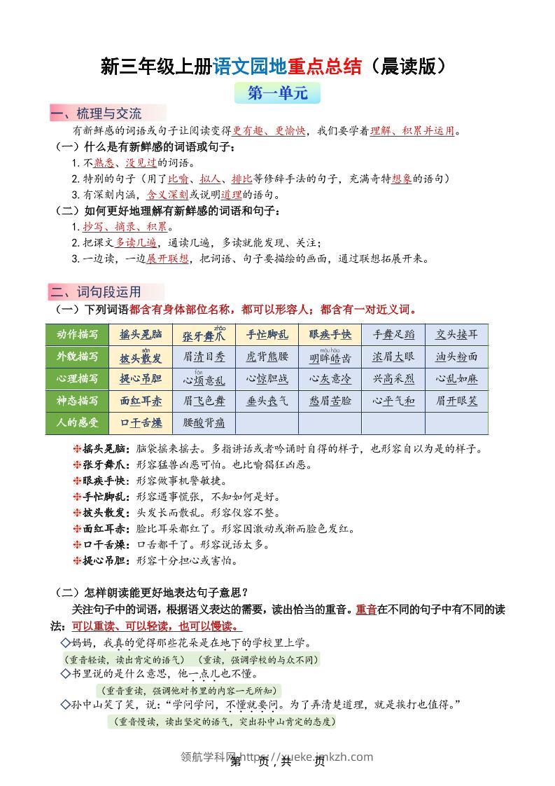 新三上语文1-8单元语文园地重点总结（晨读晚练）20页-领航学科网