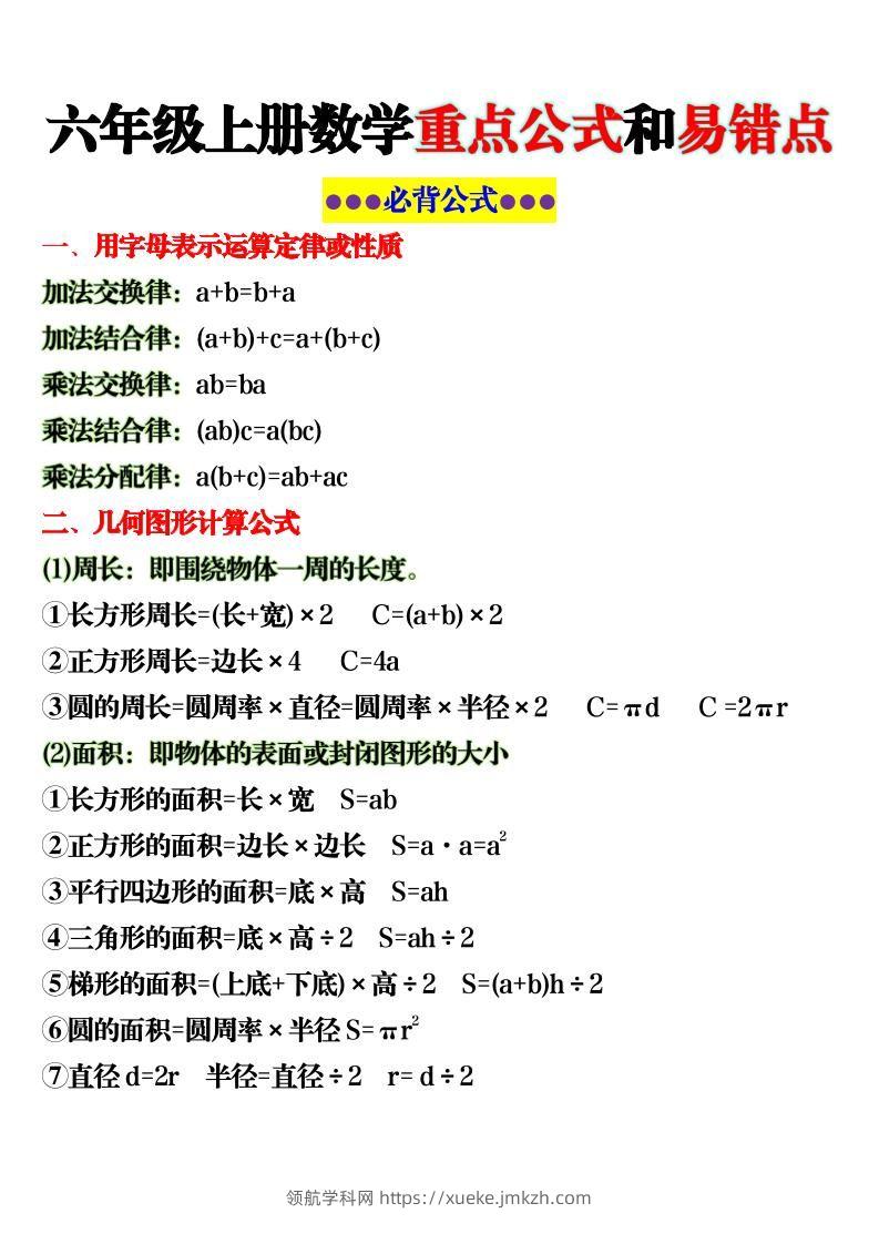 六上数学重点公式和易错点6页-领航学科网