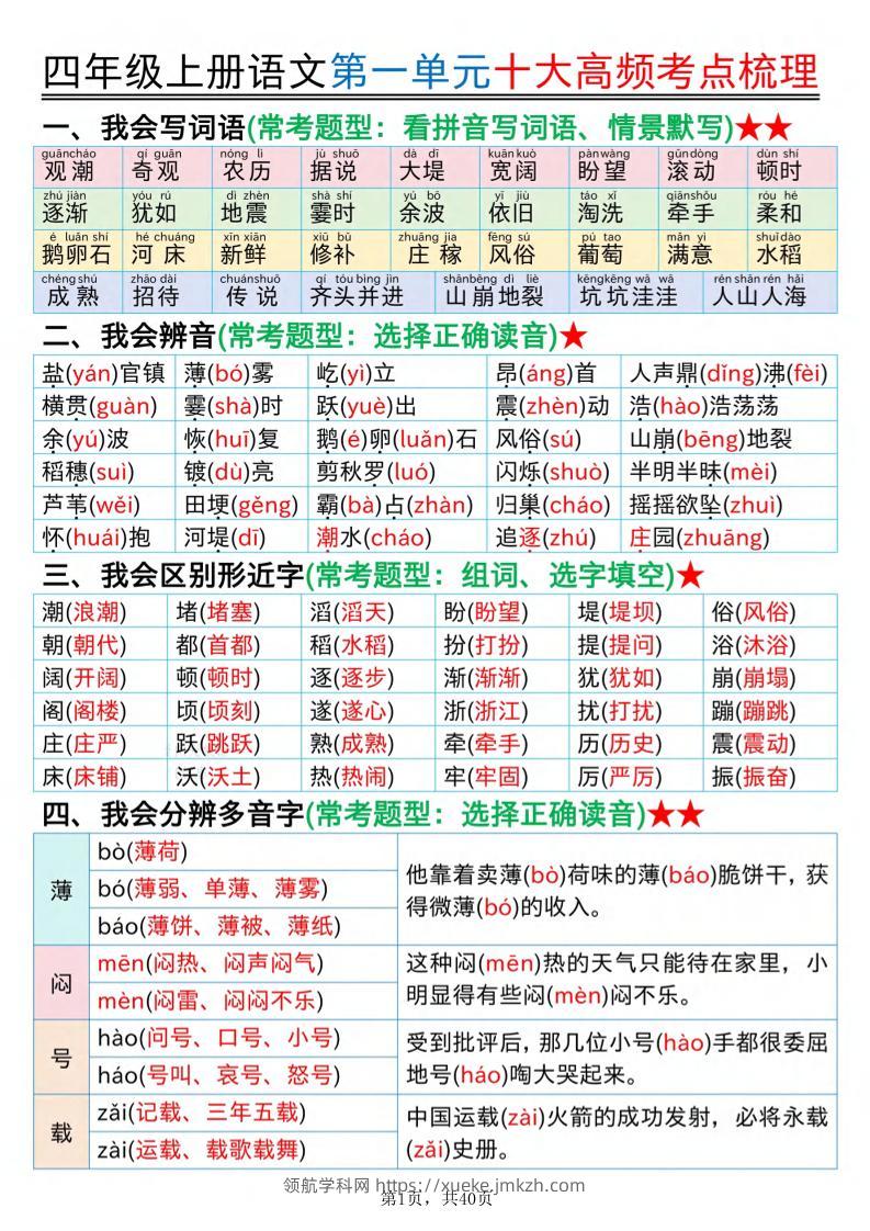 四上语文1-8单元十大高频考点梳理（40页）-领航学科网
