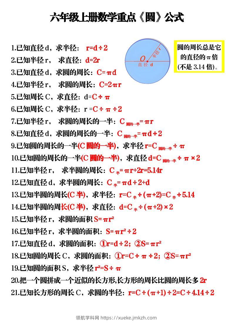六上数学重点《圆》公式3页-领航学科网