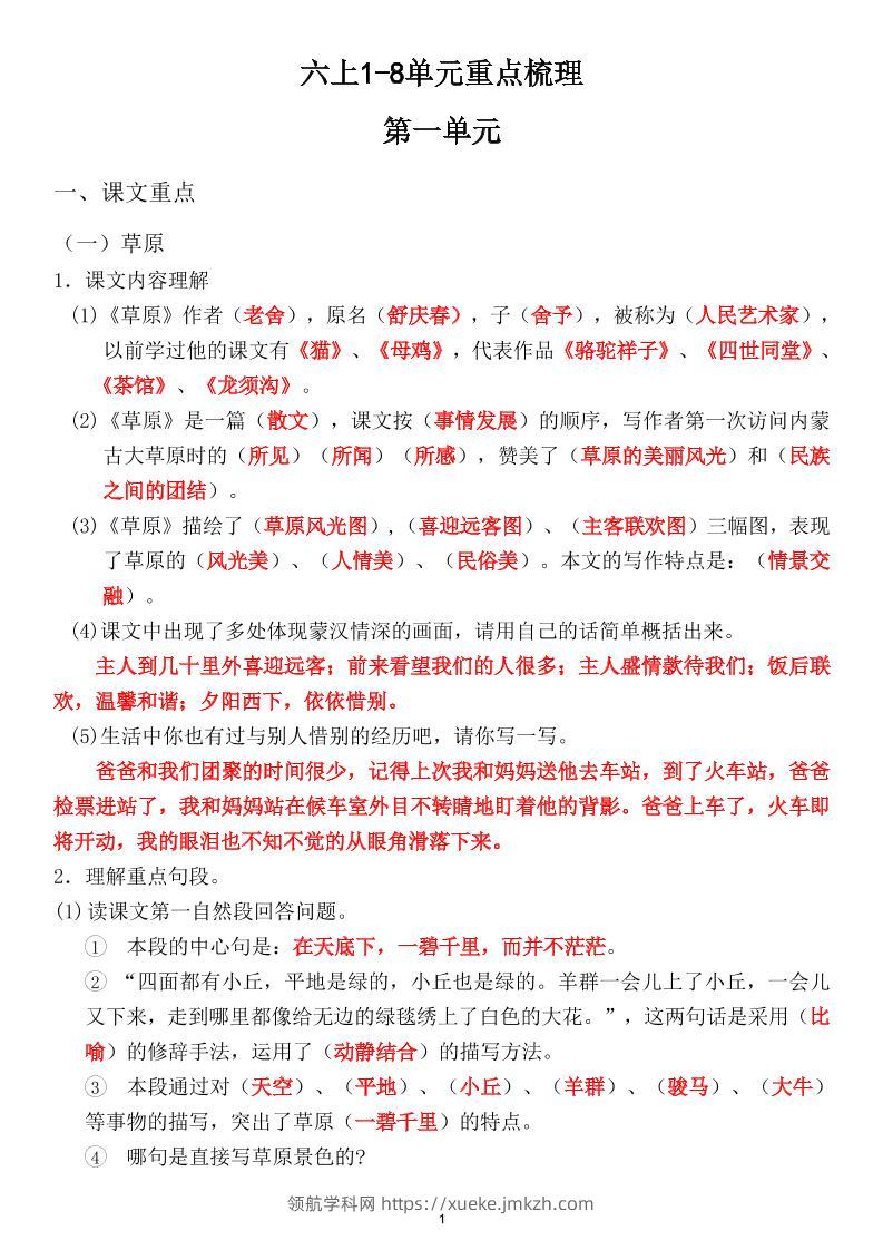 六上1-8单元重点梳理（课文重点+语文园地）-领航学科网
