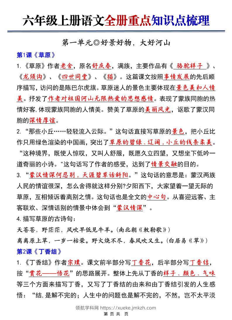 六上语文【25秋-全册重点知识点梳理（空白+答案）】-领航学科网