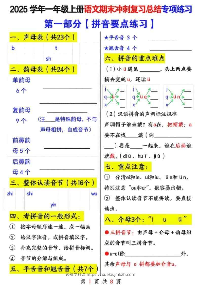 25年一上语文期末冲刺复习总结专项练习六大部分（8页）-领航学科网