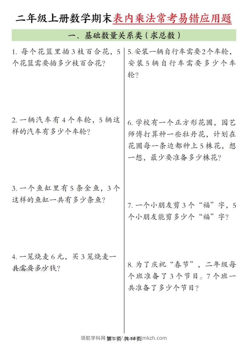 二年级上数学表内乘法常考易错题-领航学科网