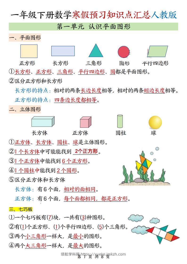 26春一下人教数学《寒假预习全册知识点汇总》-领航学科网