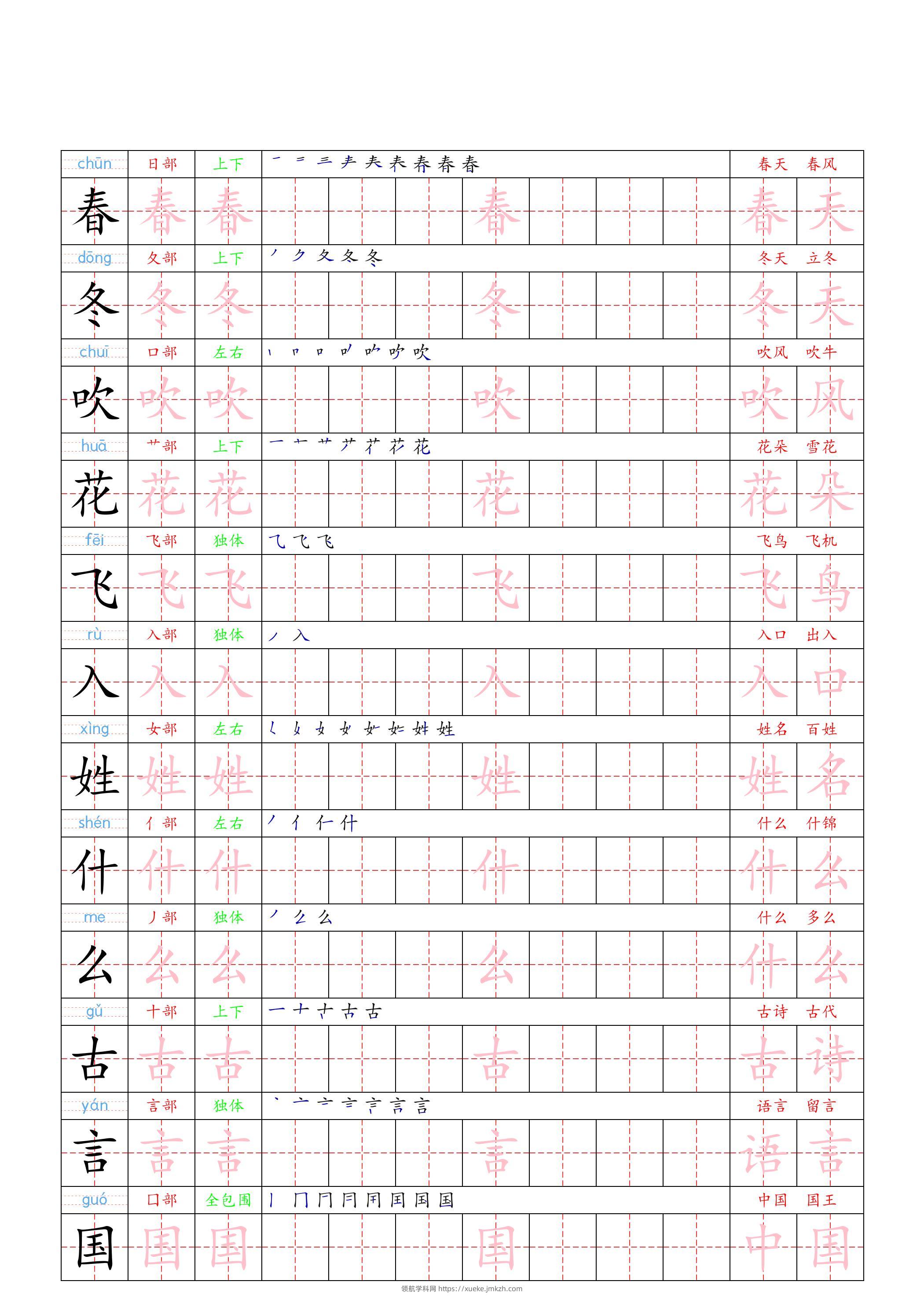 （新版）一下语文写字表一类字贴-领航学科网