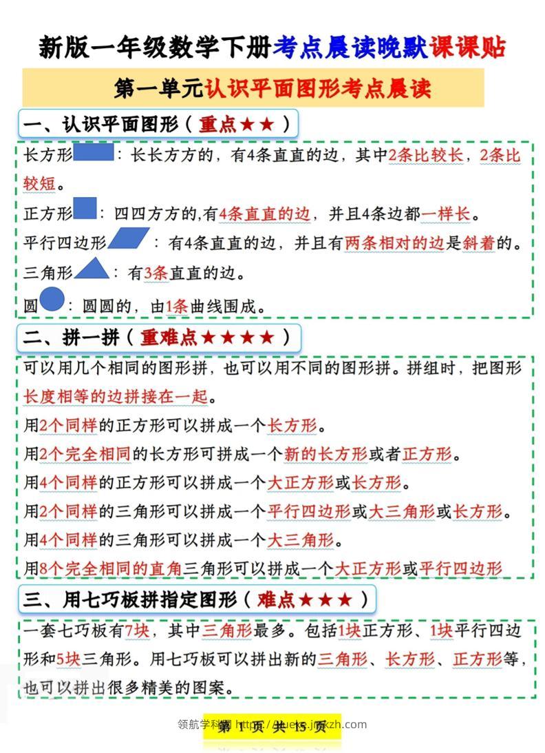 一年级下数学考点晨读晚默课课贴-领航学科网