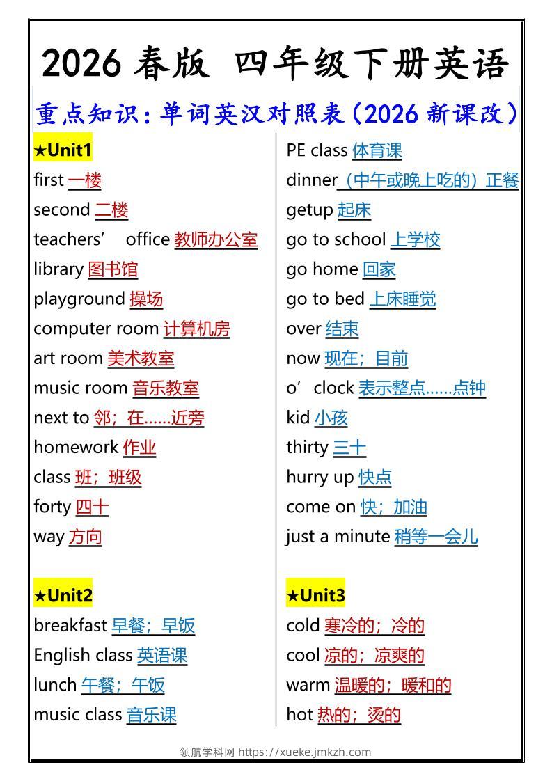 2026春新版四年级下英语重点知识：单词英汉对照表《人教版PEP》-领航学科网