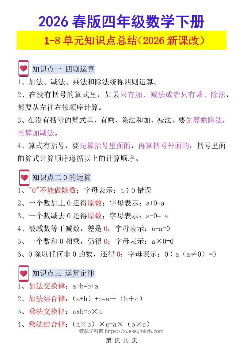 2026春新版四年级下数学1-8单元知识点总结《人教版》-领航学科网