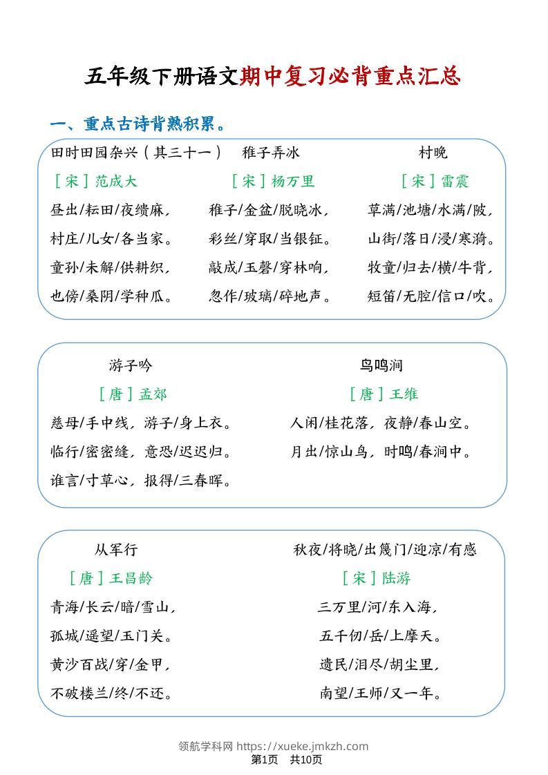 五年级下语文期中复习重点知识点汇总1-领航学科网
