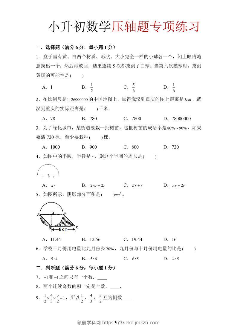 六年级下小升初数学压轴题专项练习-领航学科网