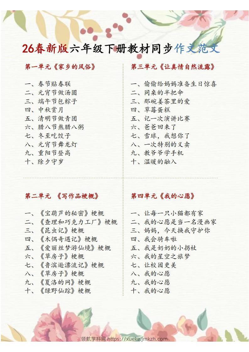 六年级下语文1-8单元同步作文范文-领航学科网