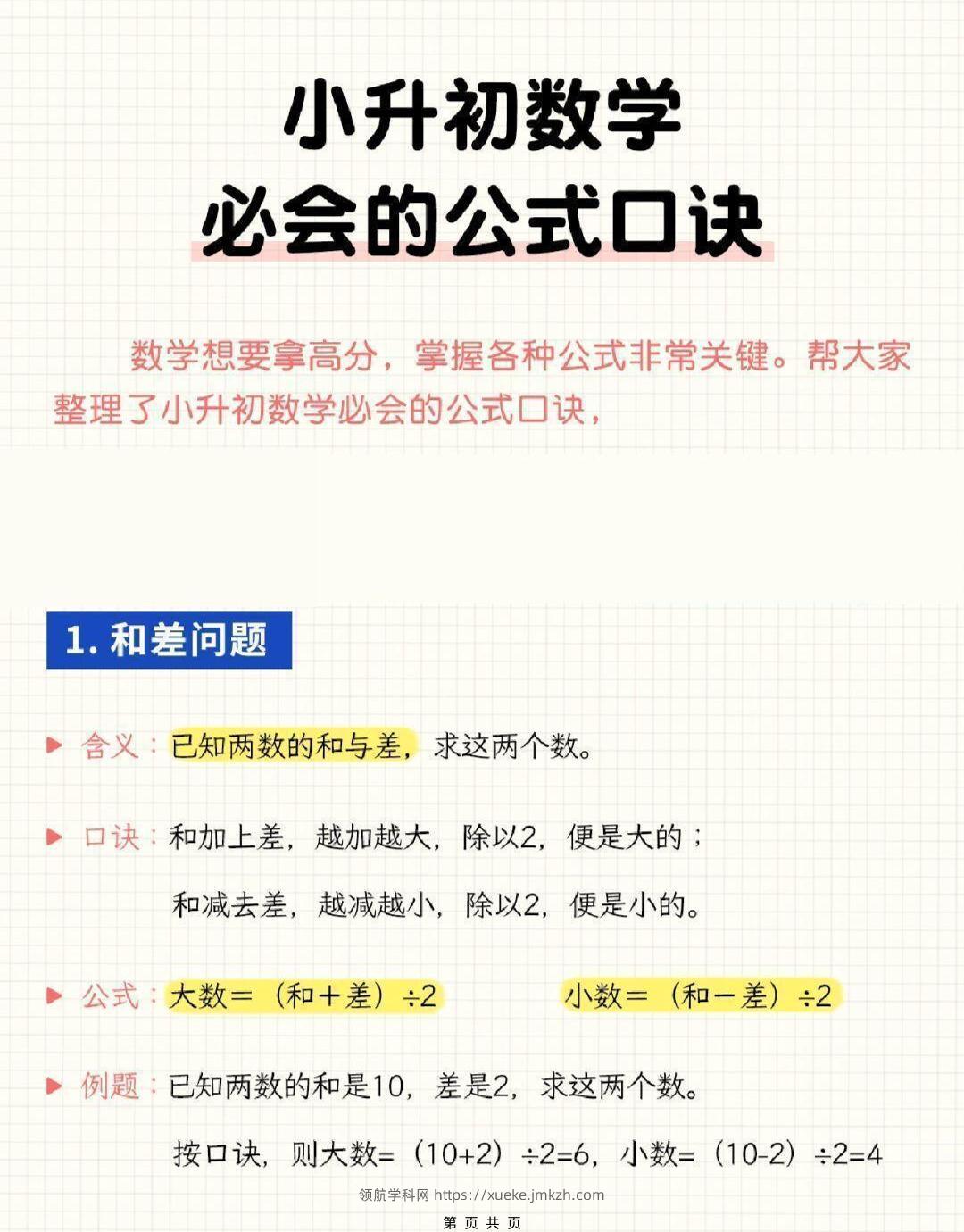 六年级下小升初数学必会的公式口诀-领航学科网