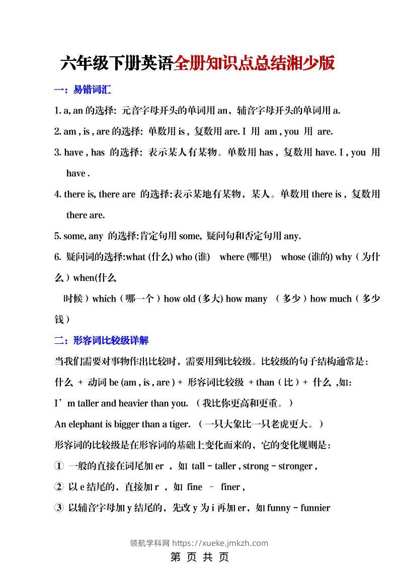 六年级下英语全册知识点总结《湘少版》-领航学科网