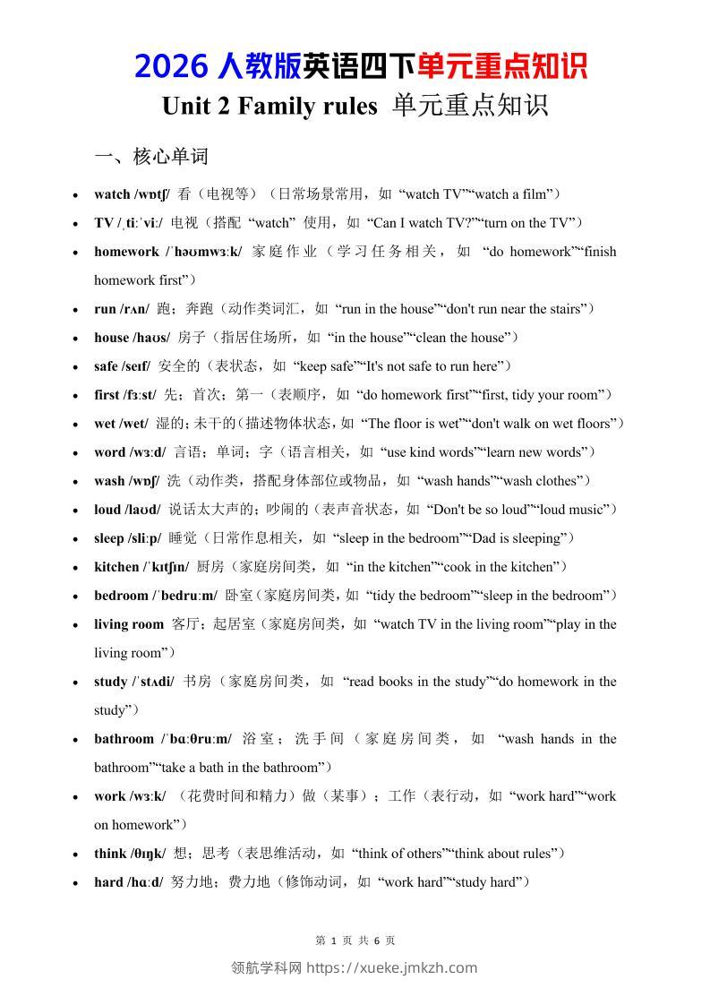 四年级下英语Unit2重点知识汇总《人教版PEP》-领航学科网
