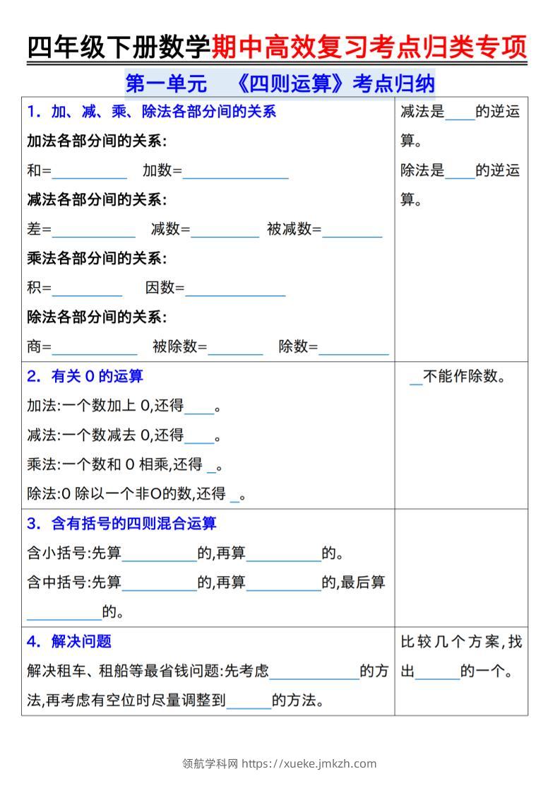 四年级下数学期中复习考点归类专练-领航学科网