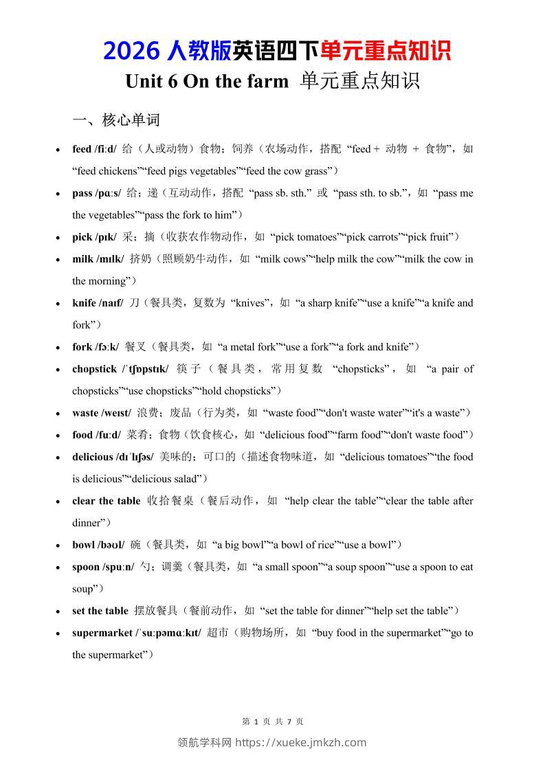 四年级下英语Unit6重点知识汇总《人教版PEP》-领航学科网